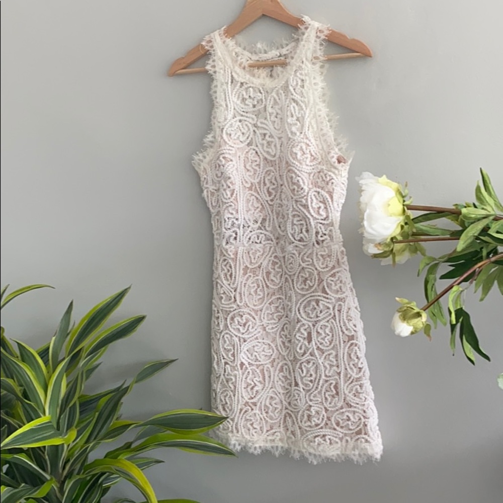 A. Peach Lace Mini Dress with slip and lace trim